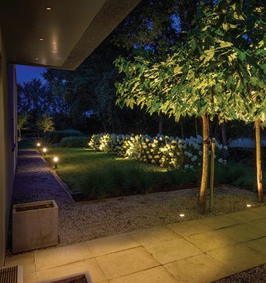 Ładny ogród nocą, pięknie oświetlony lampami ogrodowymi.